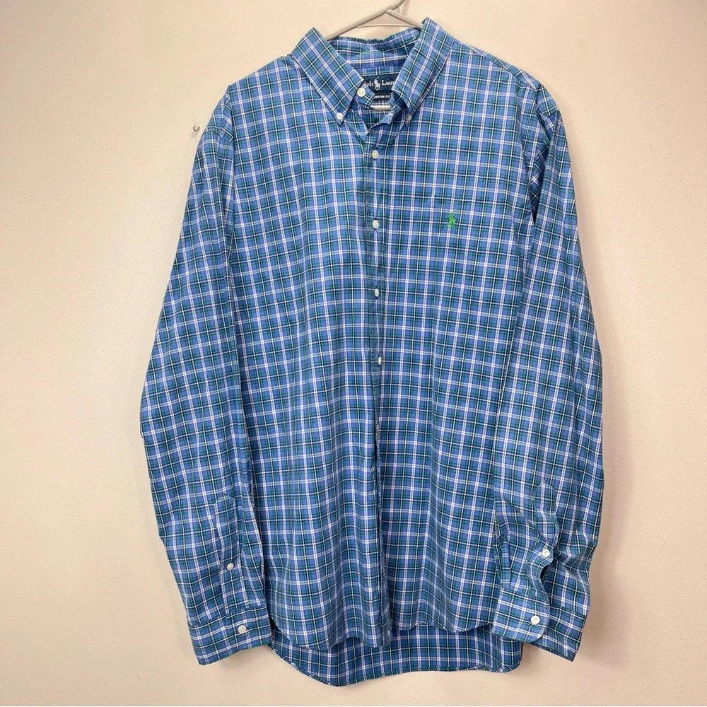 Polo Ralph Lauren Blue Green Plaid Cotton Button Down‎ Shirt XL